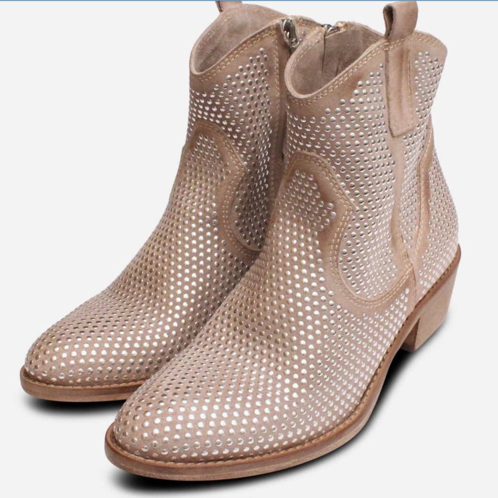 😍 Italian Beige Suede Silver Studded Cuban Heel Boots by Arthur Knight 8
